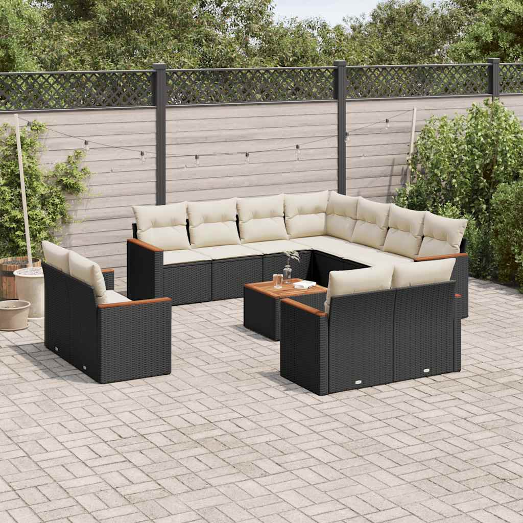 Set Canapele De Grădină Cu Perne, 11 Piese, Negru, Poliratan