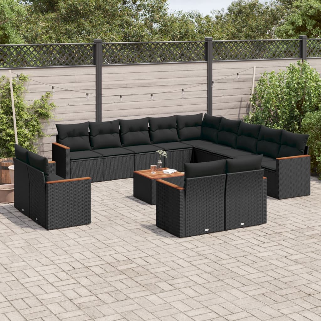 Set Mobilier De Grădină Cu Perne, 13 Piese, Negru, Poliratan