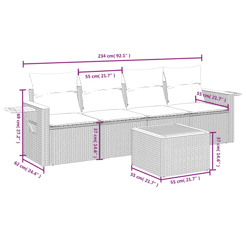 Set Canapea De Grădină Cu Perne, 5 Piese, , Poliratan