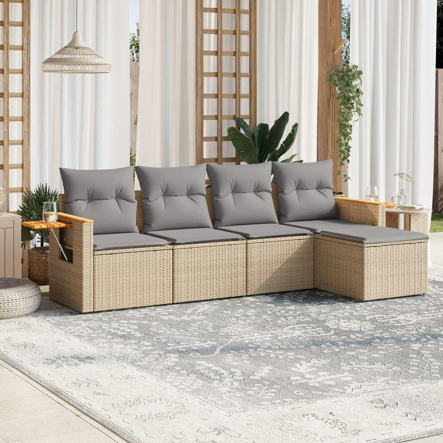 Set Canapele De Grădină Cu Perne, 5 Piese, Bej, Poliratan