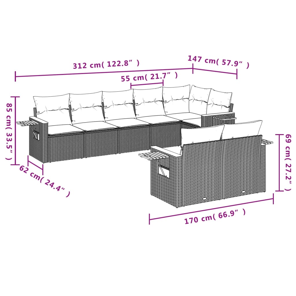 Set Mobilier De Grădină Cu Perne, 8 Piese, , Poliratan