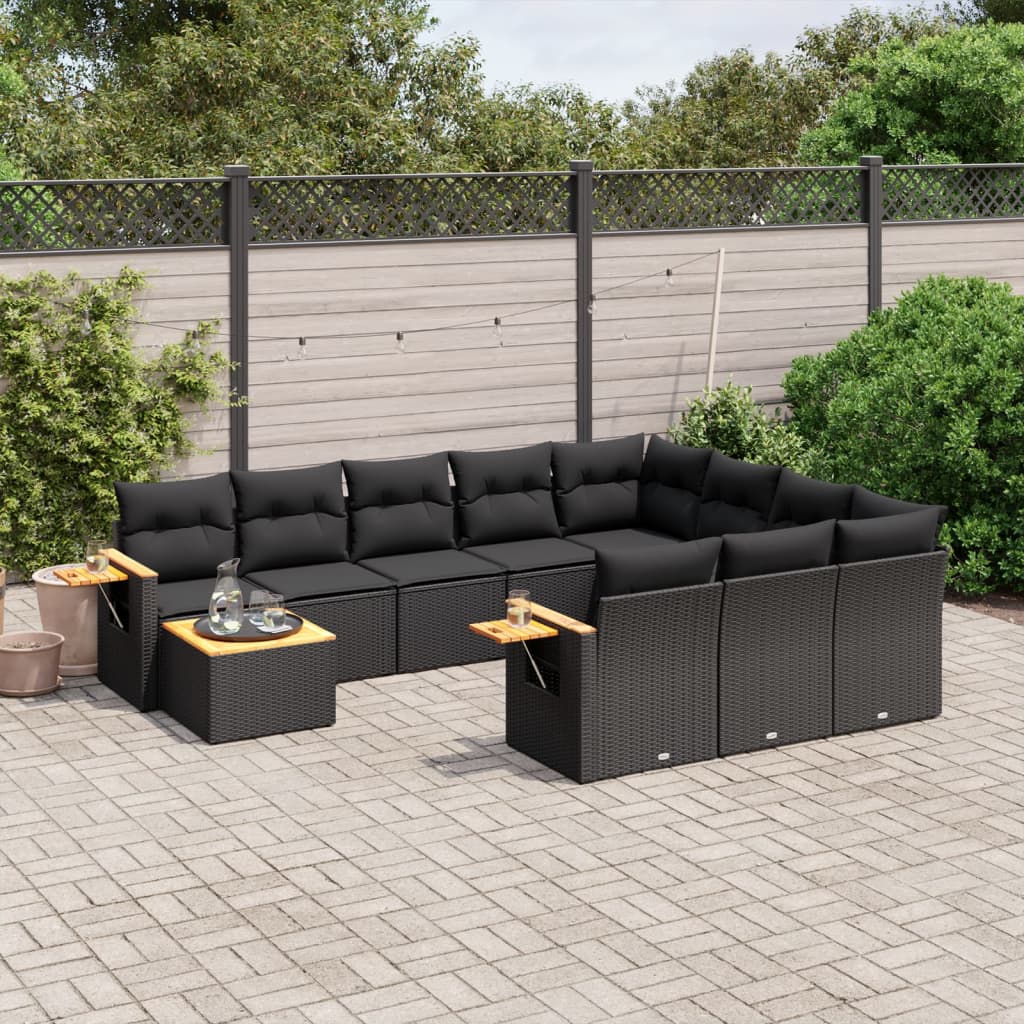 Set Canapele De Grădină Cu Perne, 11 Piese, Negru, Poliratan