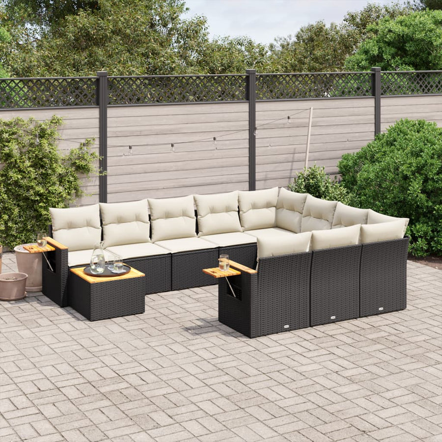 Set Canapele De Grădină Cu Perne, 11 Piese, Negru, Poliratan