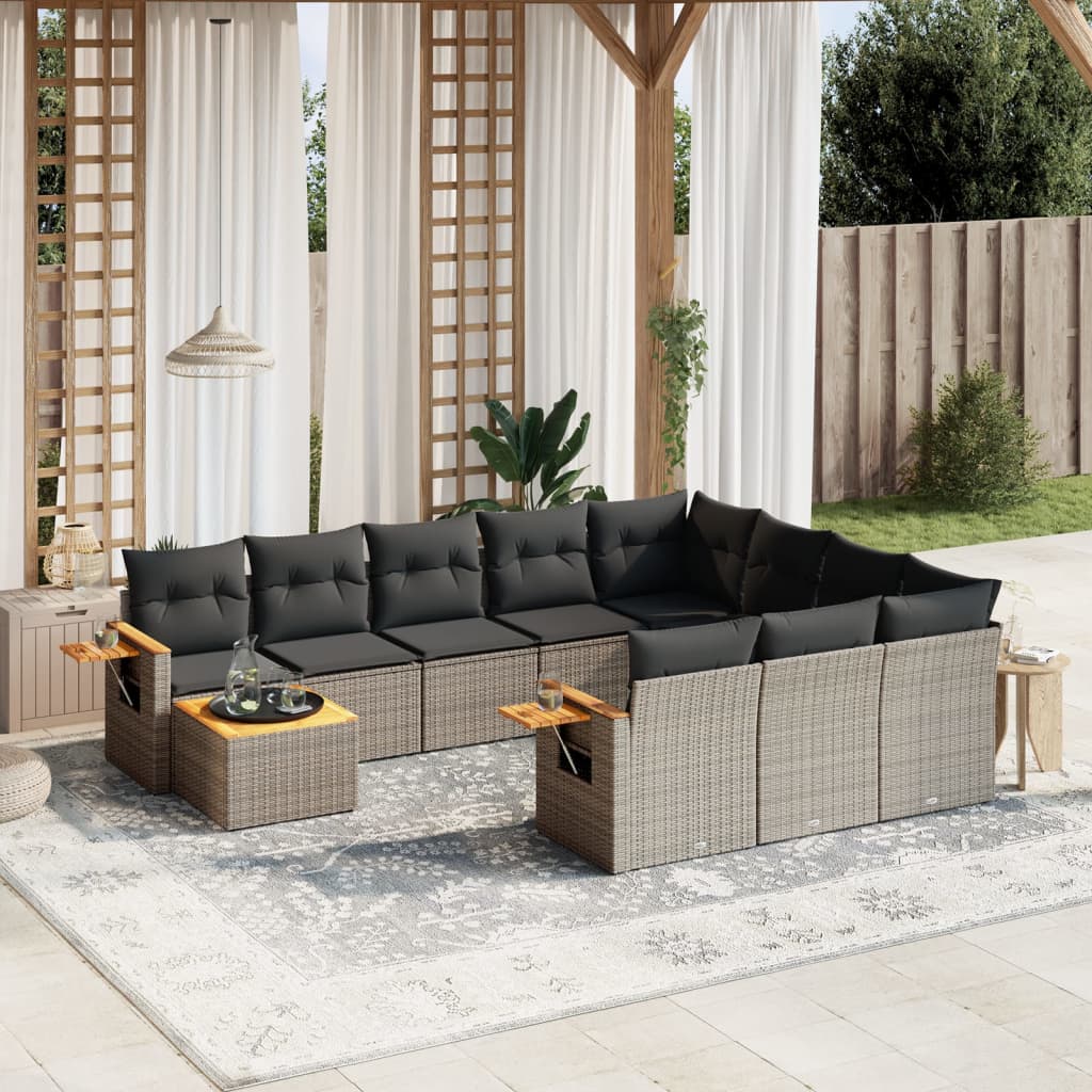 Set Canapele De Grădină Cu Perne, 11 Piese, Negru, Poliratan