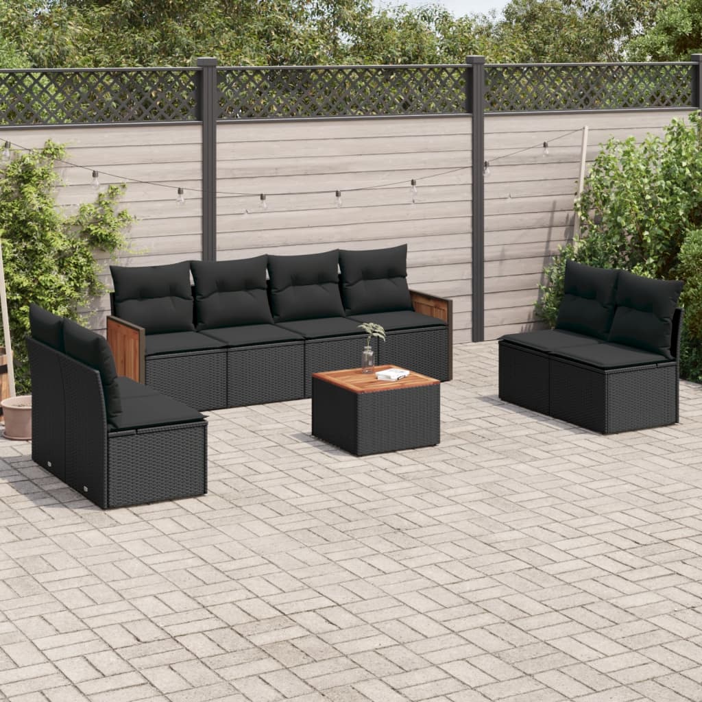 Set Mobilier De Grădină Cu Perne, 9 Piese, Negru, Poliratan