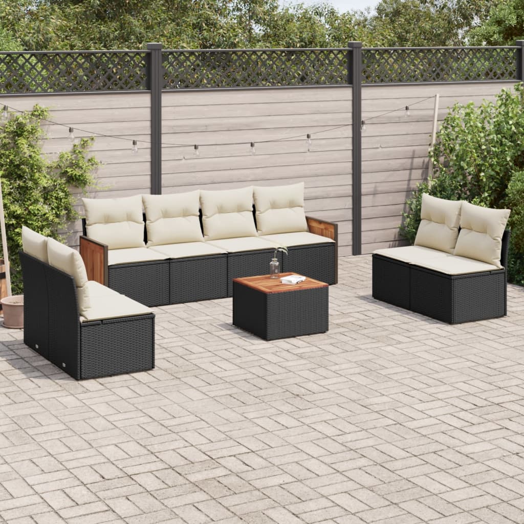 Set Mobilier De Grădină Cu Perne, 9 Piese, Negru, Poliratan