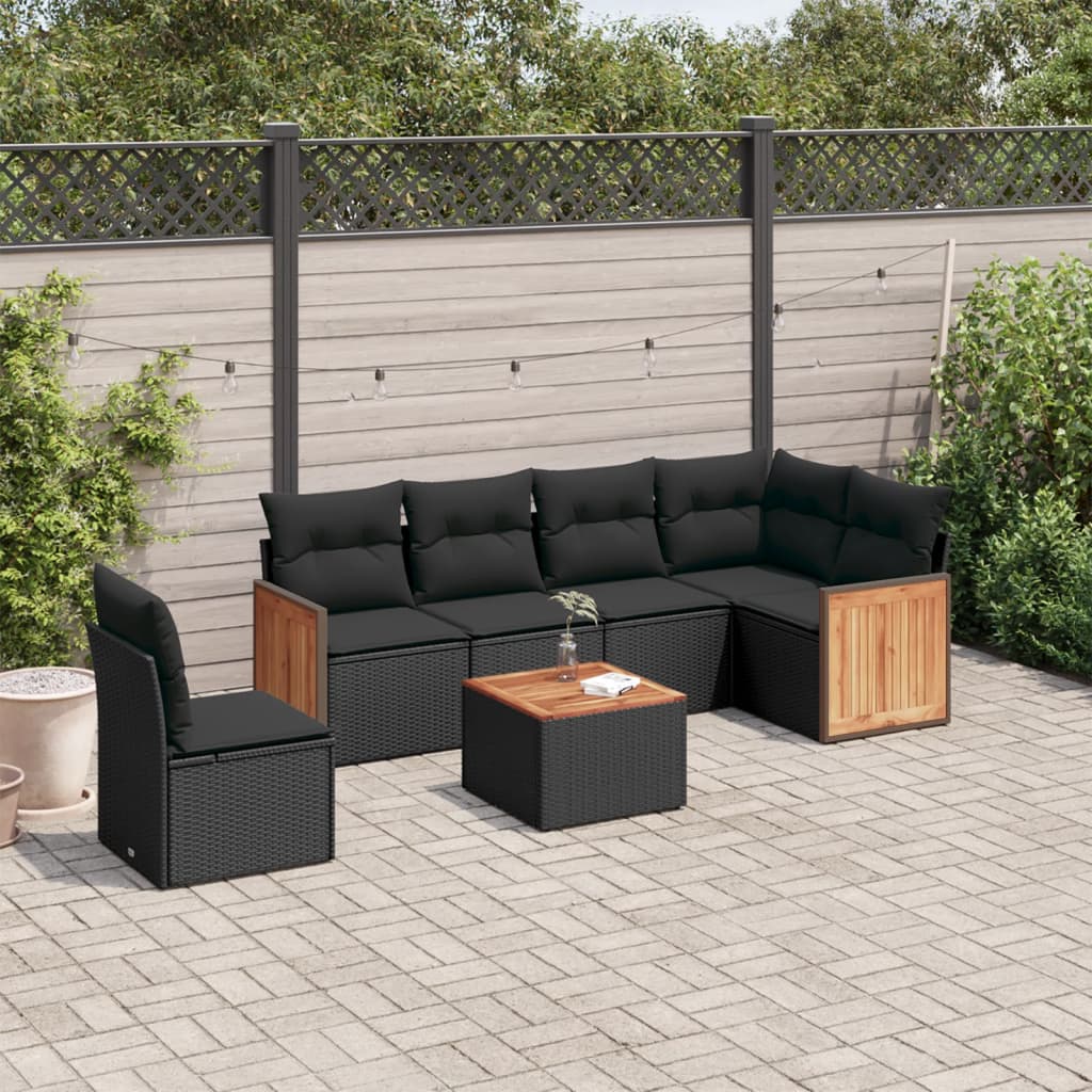 Set Canapele De Grădină Cu Perne, 7 Piese, Negru, Poliratan