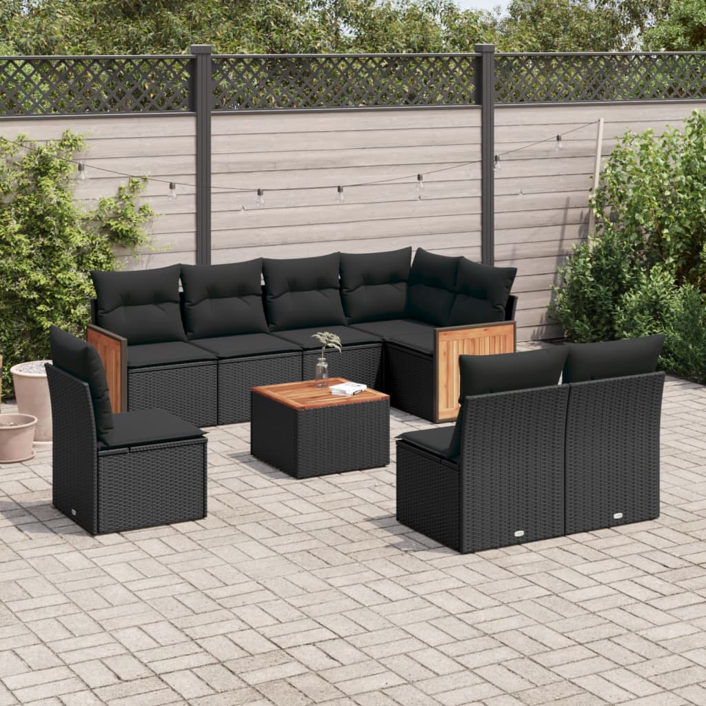 Set Mobilier De Grădină Cu Perne, 9 Piese, Negru, Poliratan