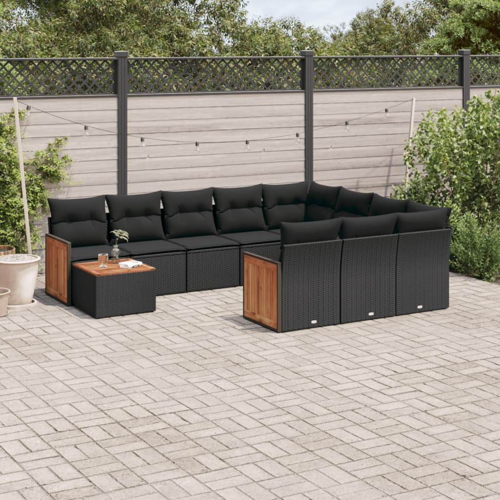 Set Canapele De Grădină Cu Perne, 11 Piese, Negru, Poliratan