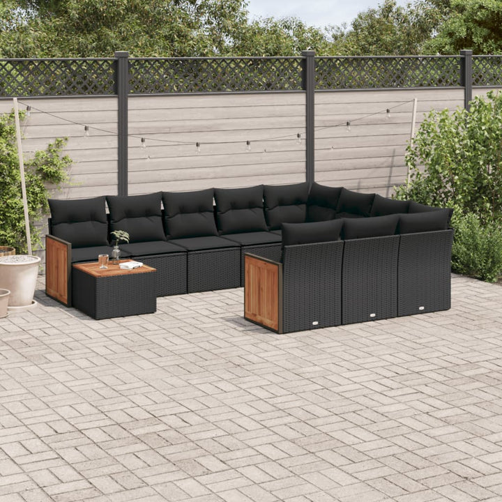 Set Canapele De Grădină Cu Perne, 11 Piese, Negru, Poliratan
