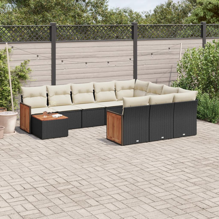 Set Canapele De Grădină Cu Perne, 11 Piese, Negru, Poliratan
