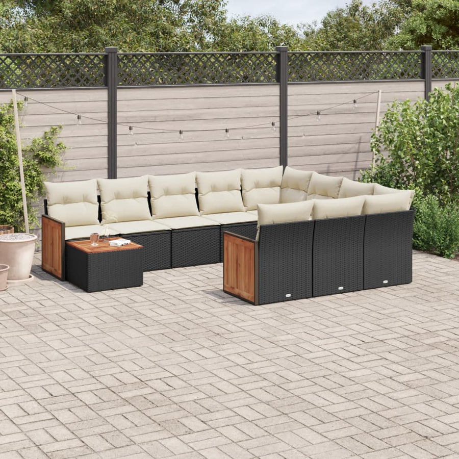 Set Canapele De Grădină Cu Perne, 11 Piese, Negru, Poliratan