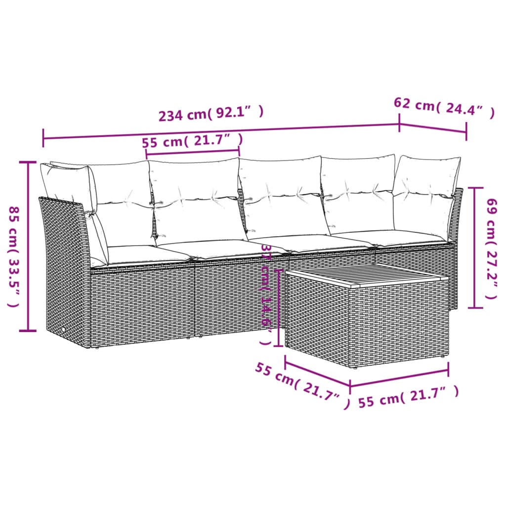 Set Canapea De Grădină Cu Perne, 5 Piese, , Poliratan