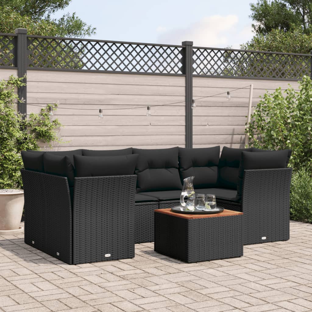 Set Canapele De Grădină Cu Perne, 7 Piese, Negru, Poliratan