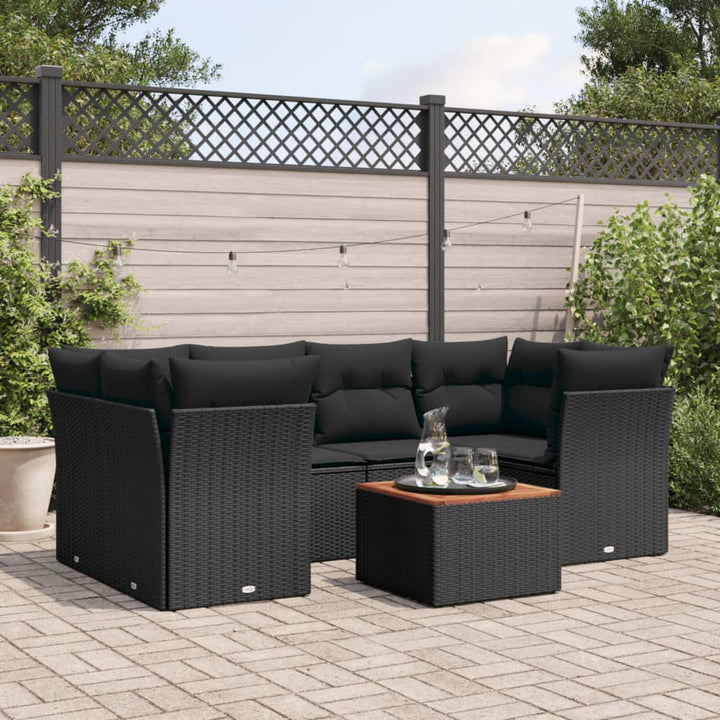 Set Canapele De Grădină Cu Perne, 7 Piese, Negru, Poliratan