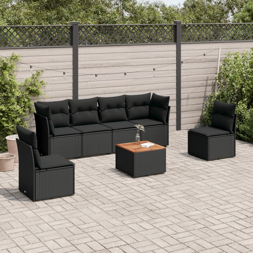 Set Canapele De Grădină Cu Perne, 7 Piese, Negru, Poliratan