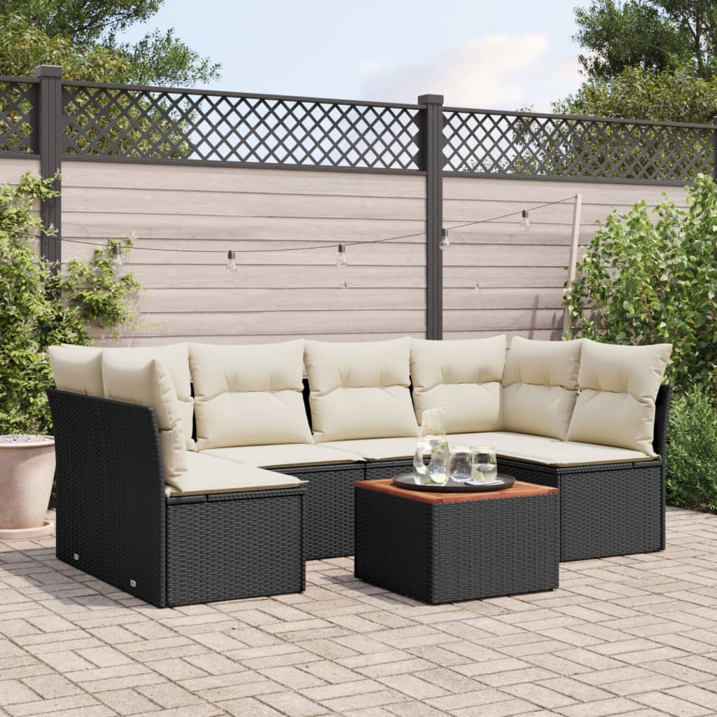 Set Canapele De Grădină Cu Perne, 7 Piese, Negru, Poliratan