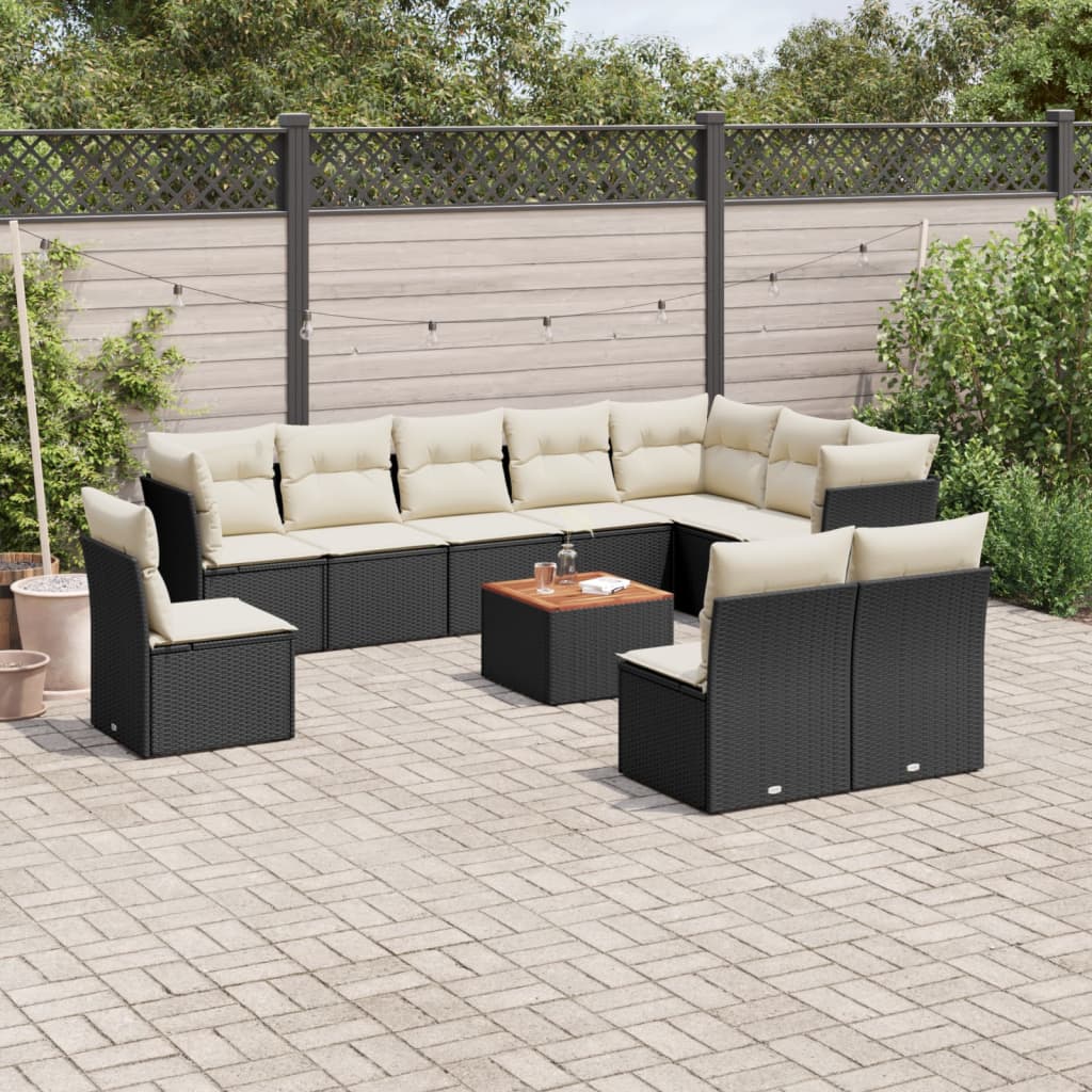 Set Canapele De Grădină Cu Perne, 11 Piese, Negru, Poliratan