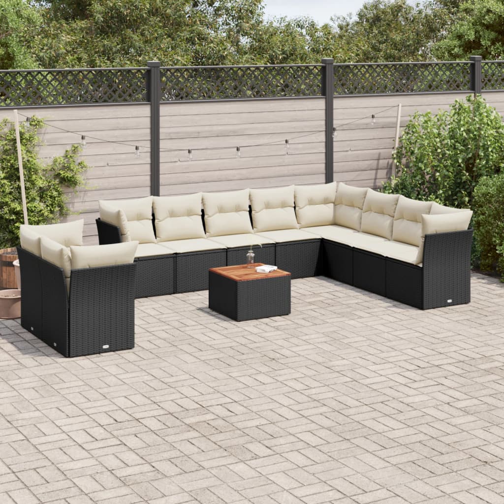 Set Canapele De Grădină Cu Perne, 11 Piese, Negru, Poliratan