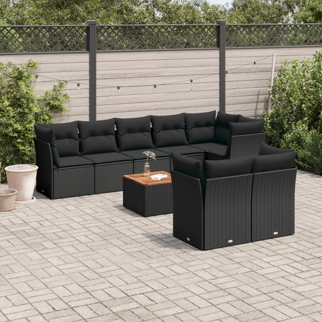 Set Mobilier De Grădină Cu Perne, 9 Piese, Negru, Poliratan