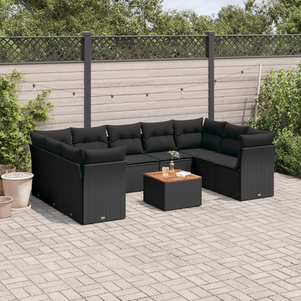 Set Canapele De Grădină Cu Perne, 10 Piese, Negru, Poliratan