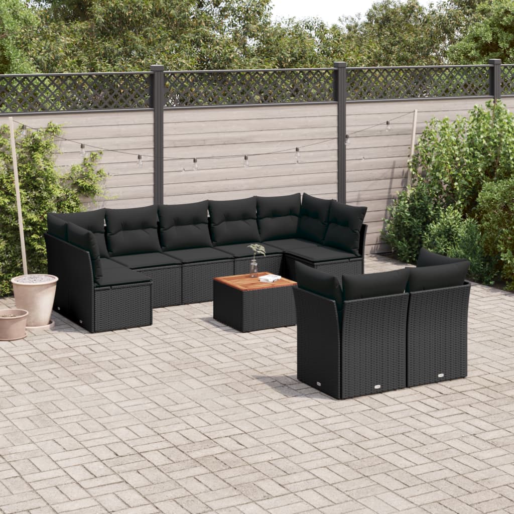 Set Canapele De Grădină Cu Perne, 10 Piese, Negru, Poliratan