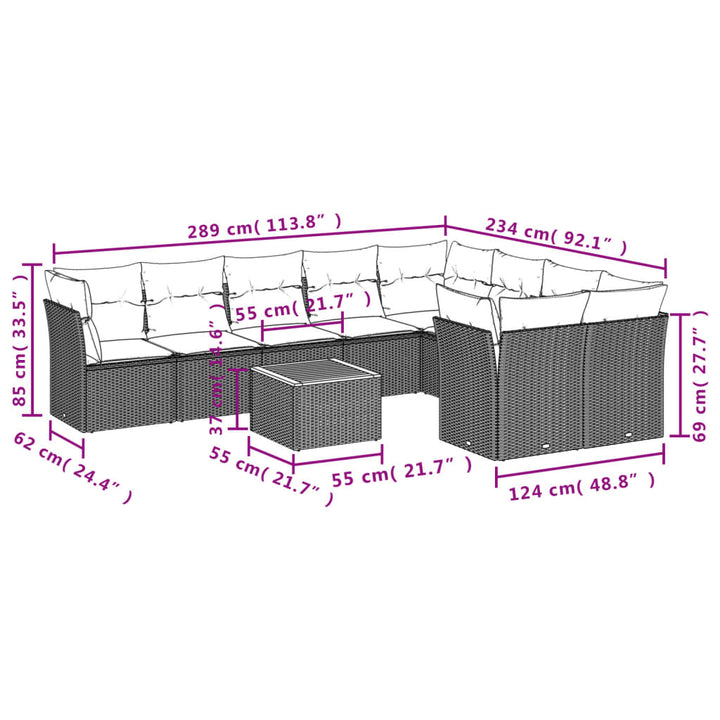 Set Canapele De Grădină Cu Perne, 10 Piese, Negru, Poliratan