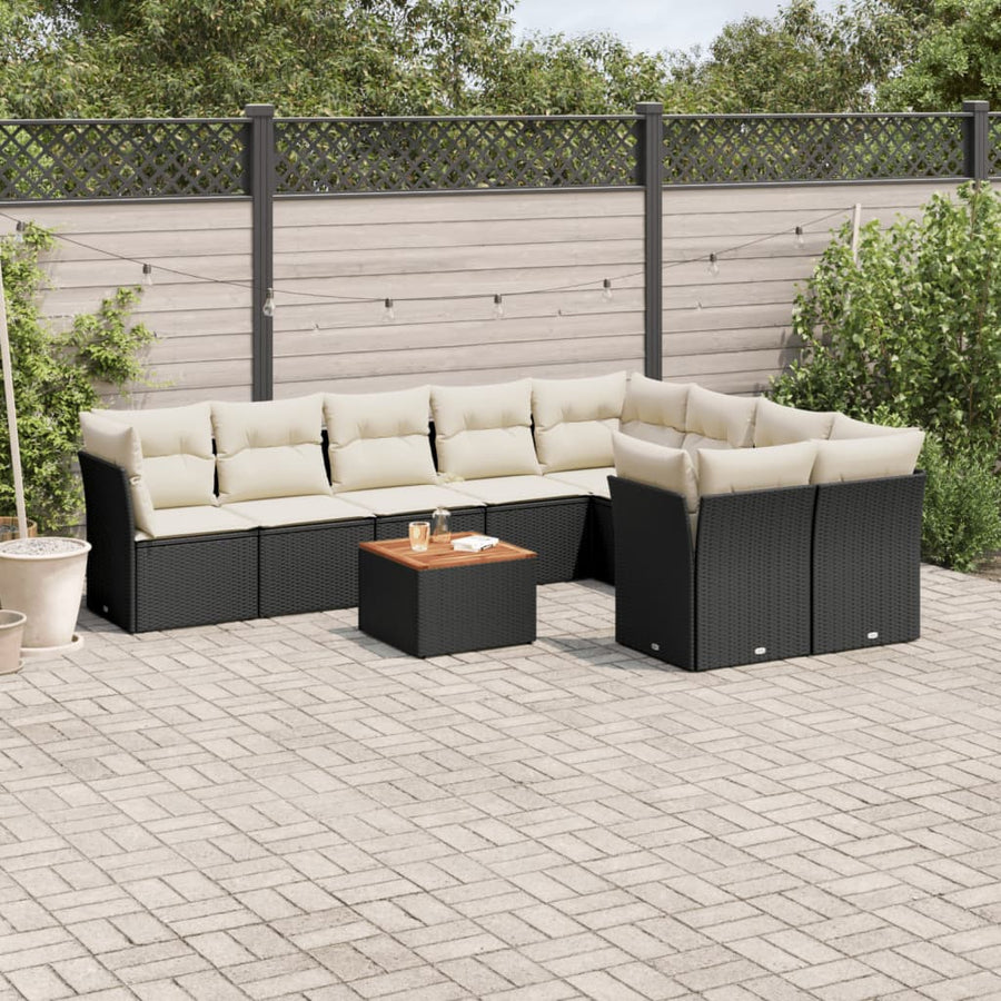 Set Canapele De Grădină Cu Perne, 10 Piese, Negru, Poliratan