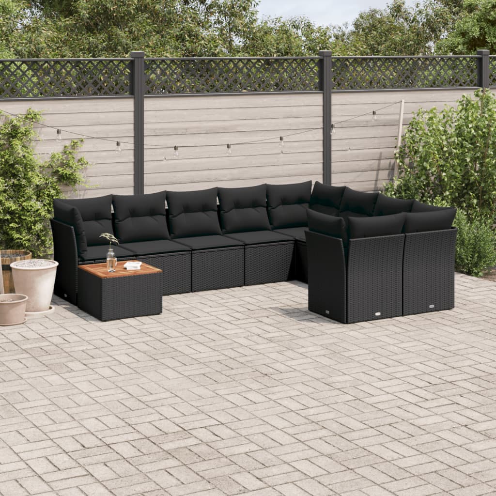 Set Canapele De Grădină Cu Perne, 10 Piese, Negru, Poliratan