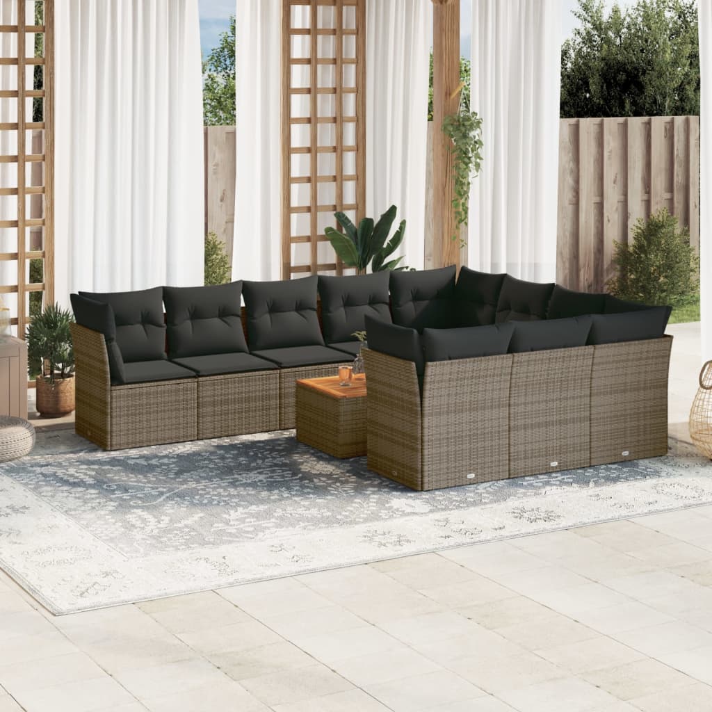 Set Canapele De Grădină Cu Perne, 11 Piese, Negru, Poliratan