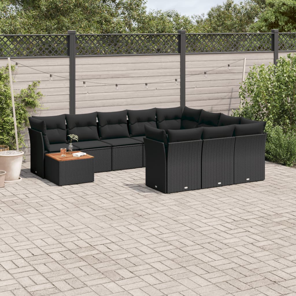 Set Canapele De Grădină Cu Perne, 11 Piese, Negru, Poliratan