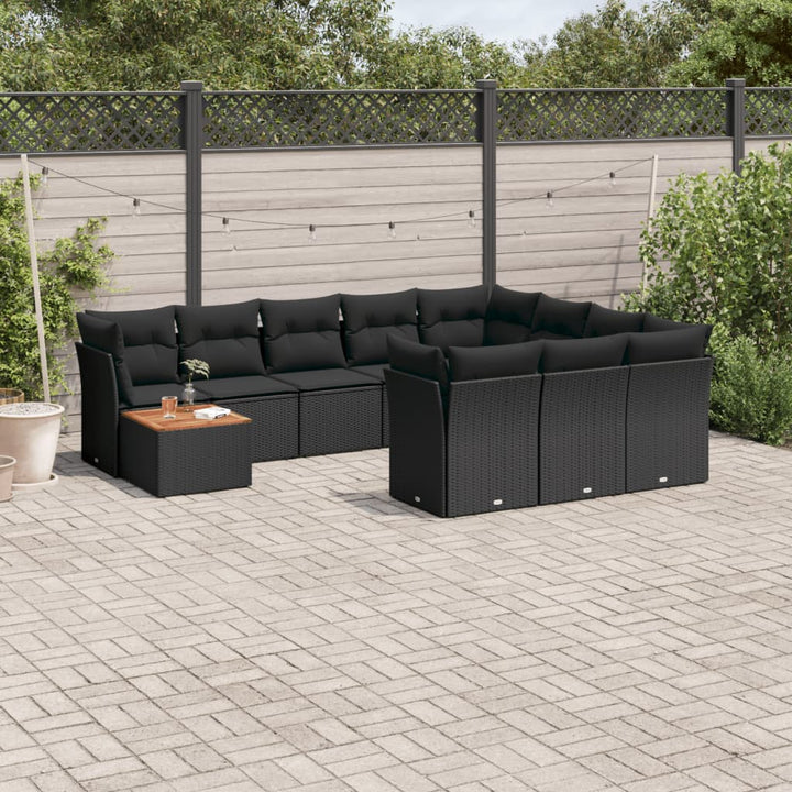 Set Canapele De Grădină Cu Perne, 11 Piese, Negru, Poliratan