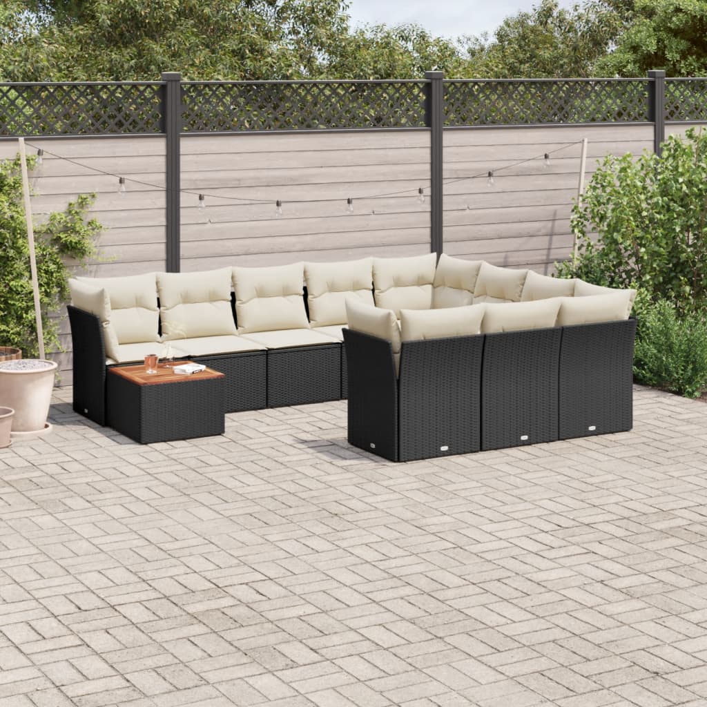 Set Canapele De Grădină Cu Perne, 11 Piese, Negru, Poliratan