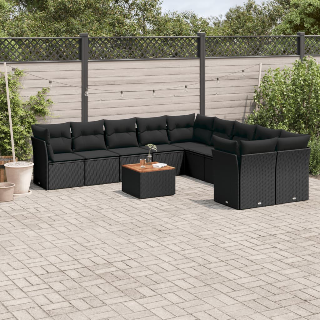 Set Canapele De Grădină Cu Perne, 11 Piese, Negru, Poliratan