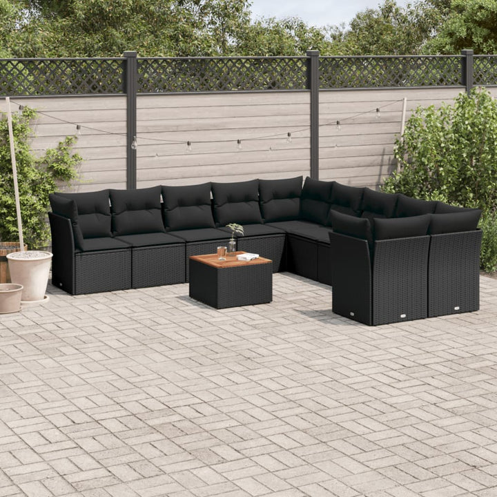 Set Canapele De Grădină Cu Perne, 11 Piese, Negru, Poliratan