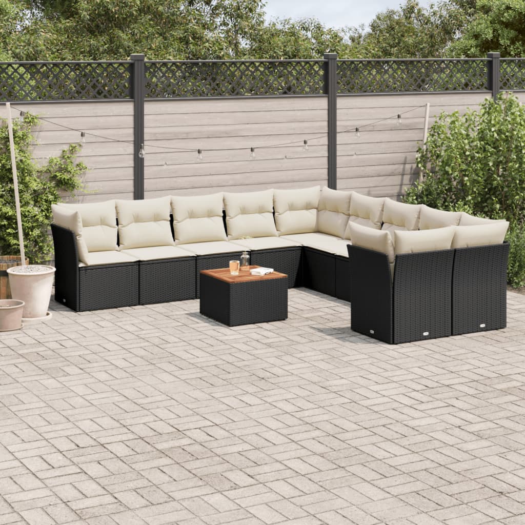 Set Canapele De Grădină Cu Perne, 11 Piese, Negru, Poliratan