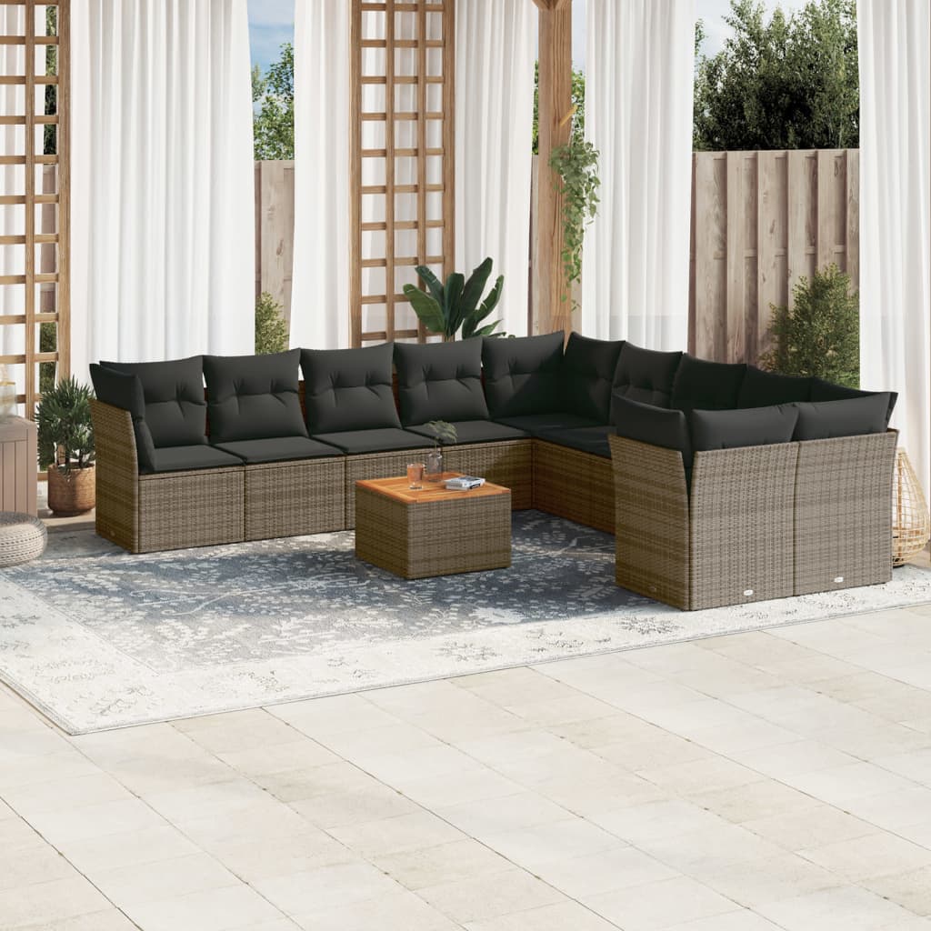 Set Canapele De Grădină Cu Perne, 11 Piese, Negru, Poliratan
