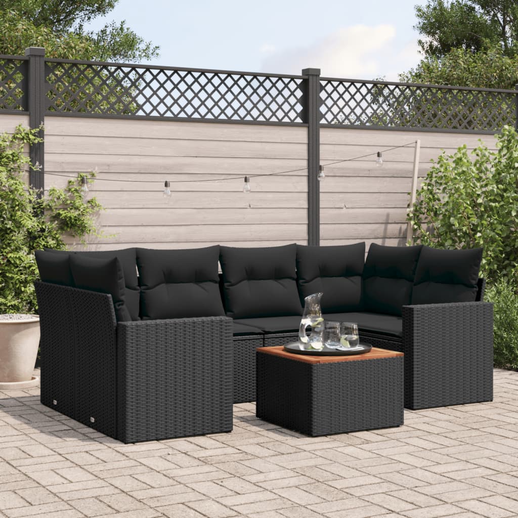 Set Canapele De Grădină Cu Perne, 7 Piese, Negru, Poliratan