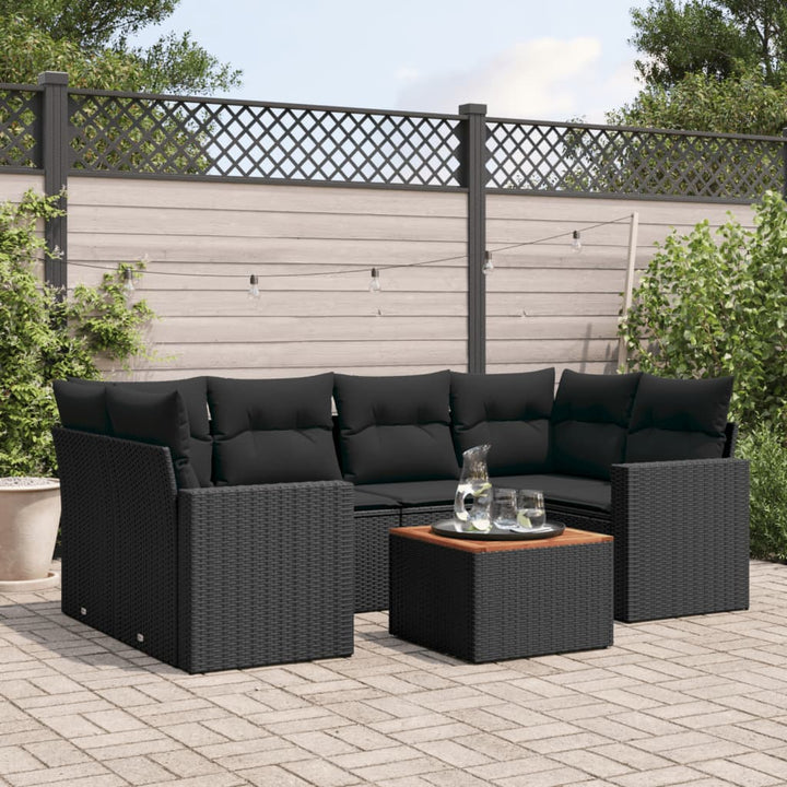 Set Canapele De Grădină Cu Perne, 7 Piese, Negru, Poliratan