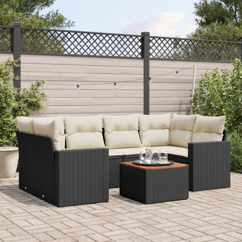 Set Canapele De Grădină Cu Perne, 7 Piese, Negru, Poliratan