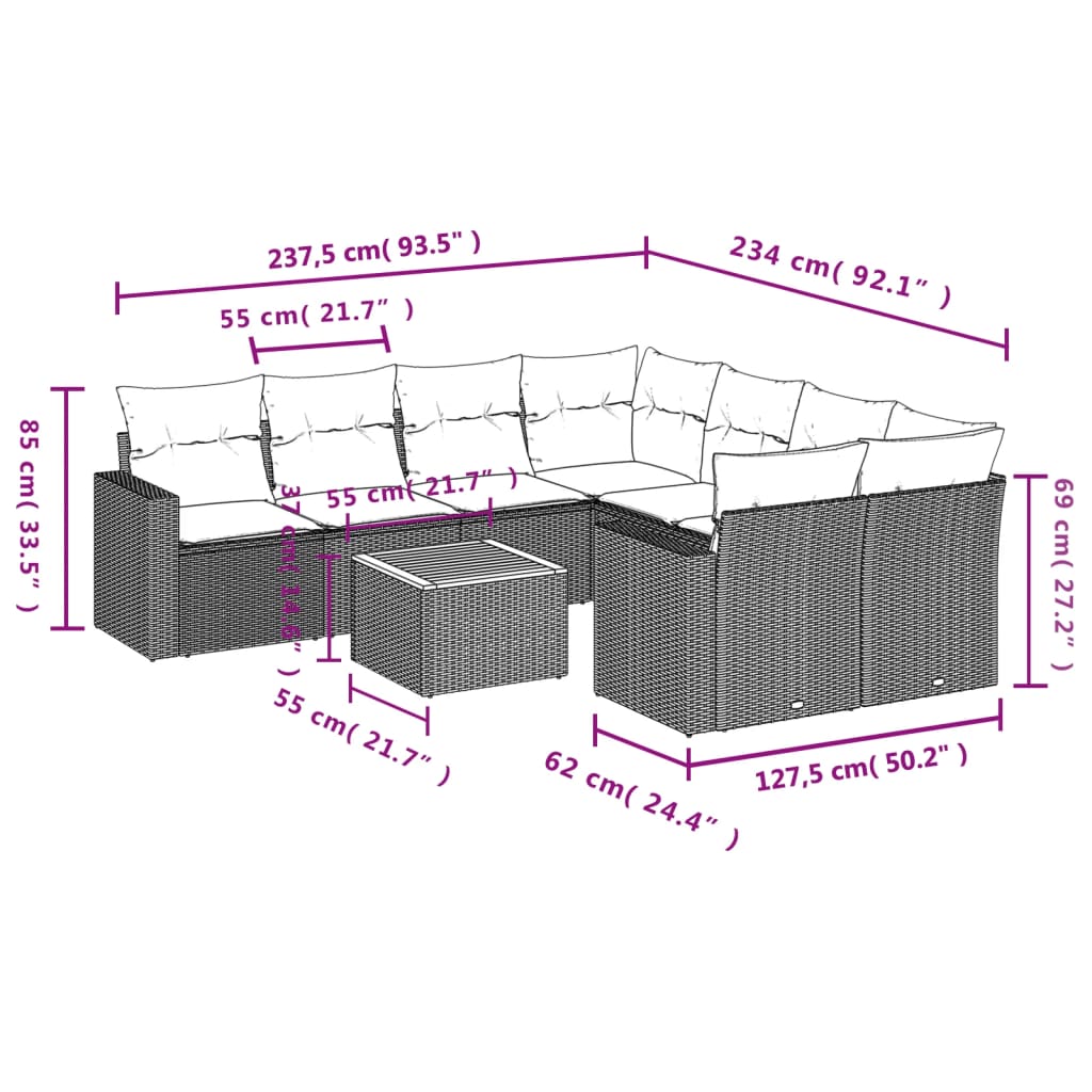 Set Mobilier De Grădină Cu Perne, 9 Piese, , Poliratan
