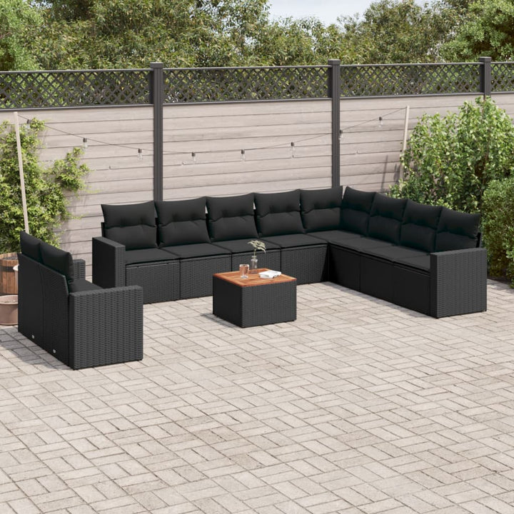 Set Canapele De Grădină Cu Perne, 11 Piese, Negru, Poliratan