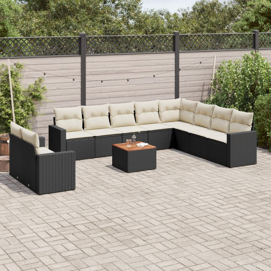 Set Canapele De Grădină Cu Perne, 11 Piese, Negru, Poliratan
