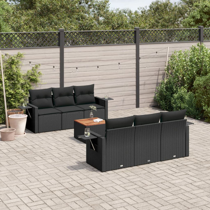 Set Canapele De Grădină Cu Perne, 7 Piese, Negru, Poliratan