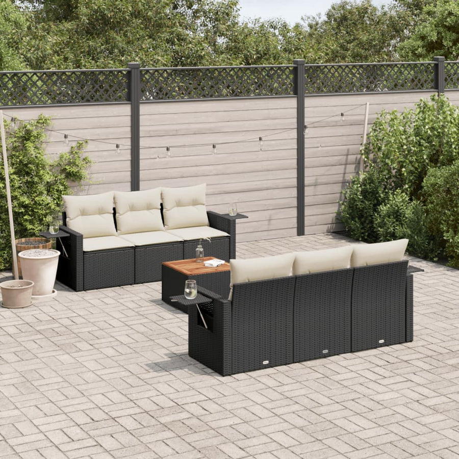 Set Canapele De Grădină Cu Perne, 7 Piese, Negru, Poliratan