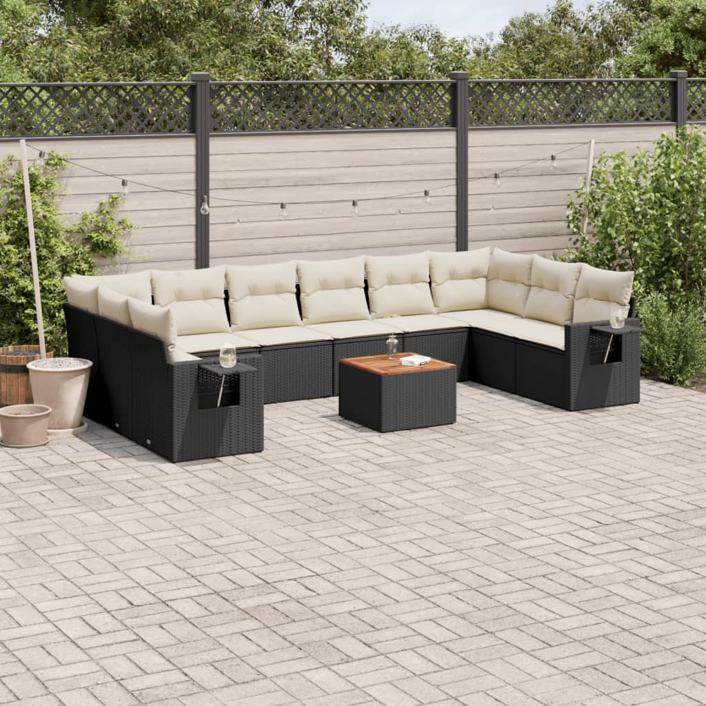 Set Canapele De Grădină Cu Perne, 11 Piese, Negru, Poliratan