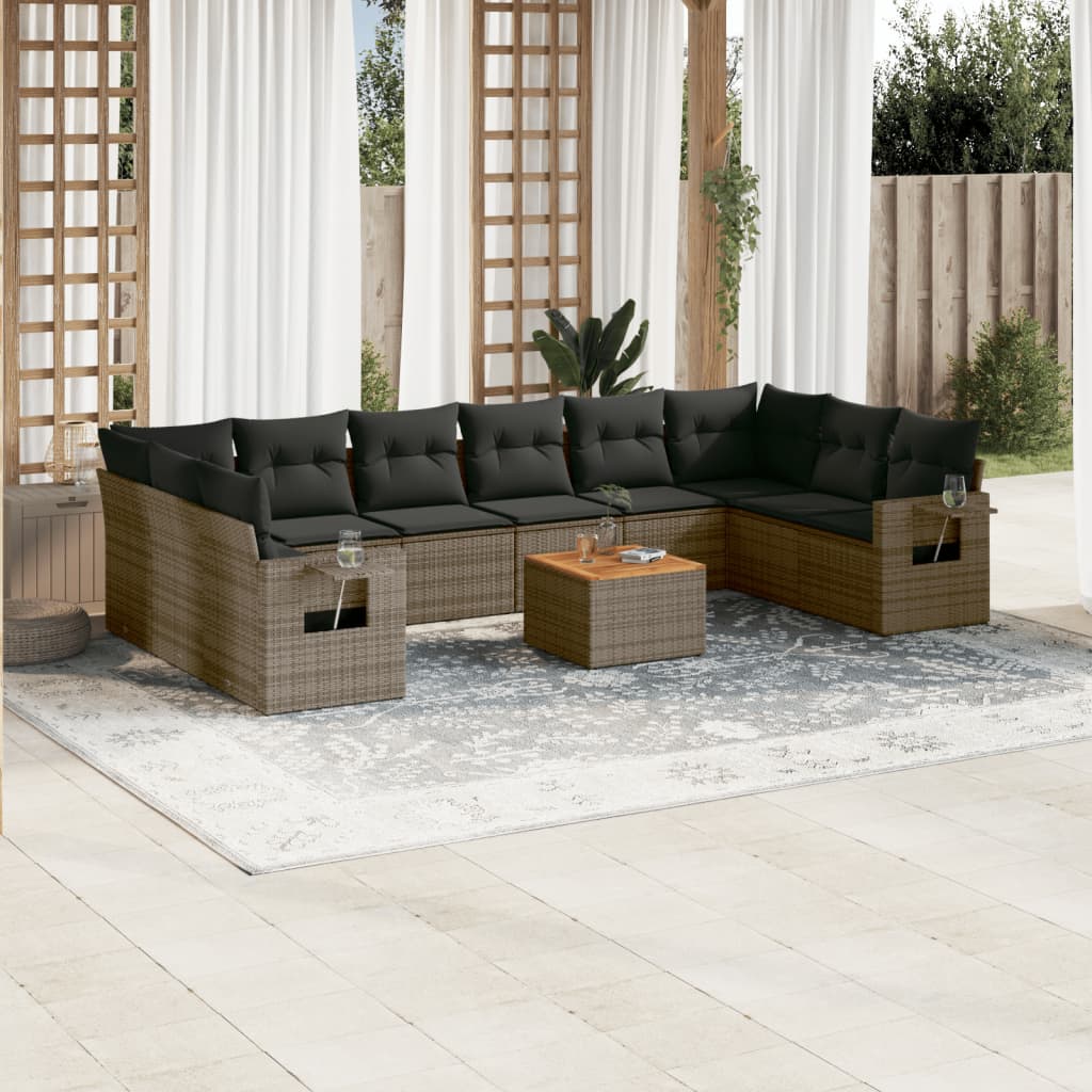 Set Canapele De Grădină Cu Perne, 11 Piese, Negru, Poliratan
