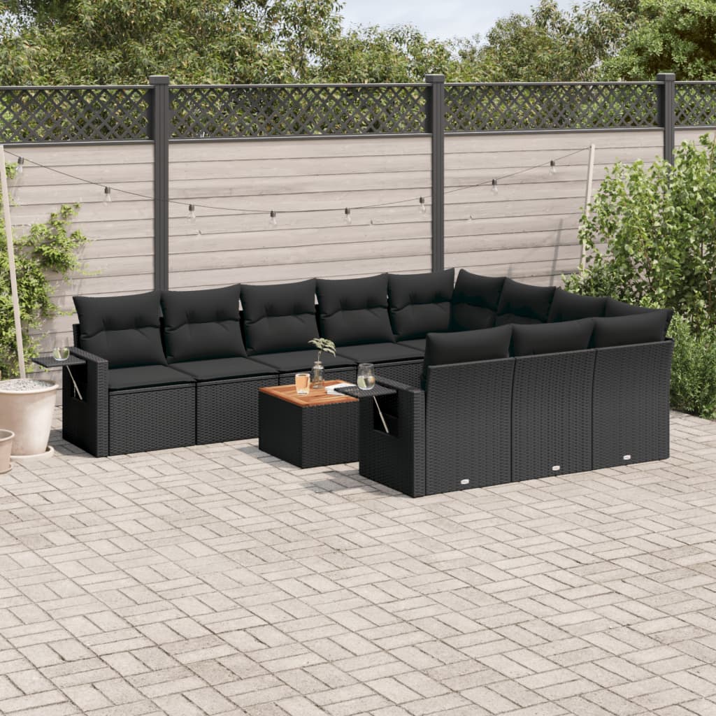Set Canapele De Grădină Cu Perne, 11 Piese, Negru, Poliratan