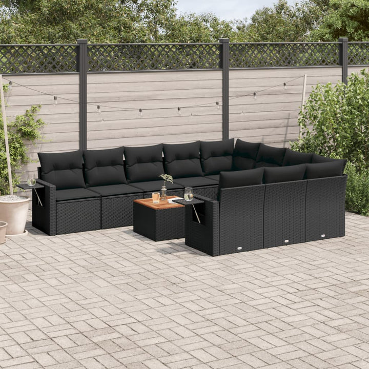 Set Canapele De Grădină Cu Perne, 11 Piese, Negru, Poliratan