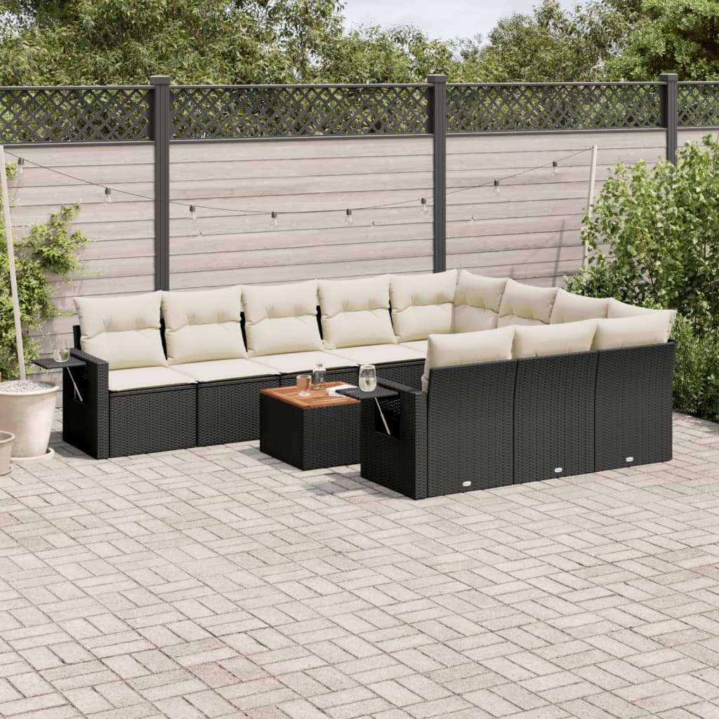 Set Canapele De Grădină Cu Perne, 11 Piese, Negru, Poliratan